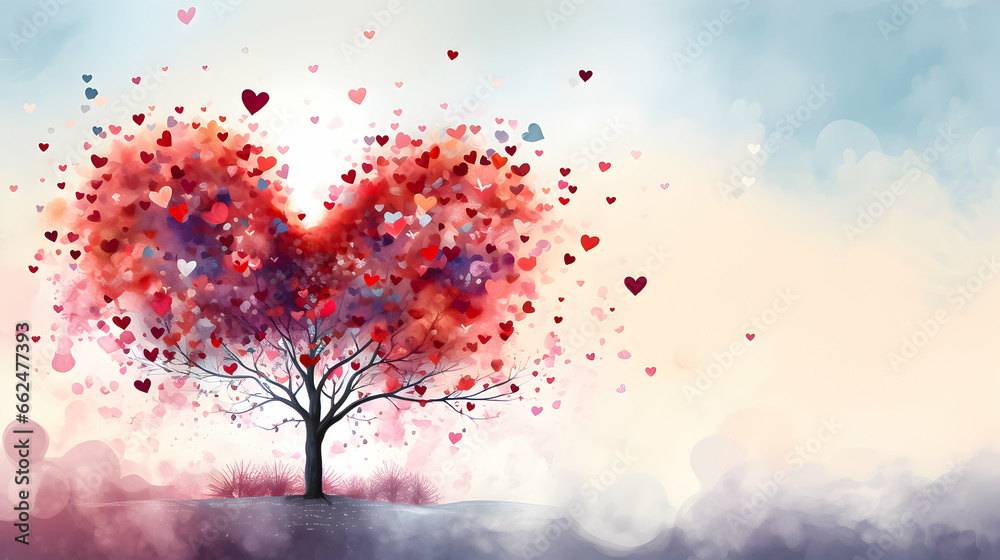 A tree bearing heart-shaped fruits, signifying the love celebrated on Valentine's Day. Illustration with copy space.