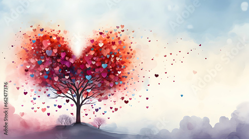 Illustration of a tree with heart's leaves. Copy space. Tree of love, valentine's Day concept. © SuperGlück