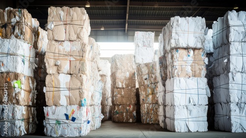 Stacks of compressed paper bales at a recycling plant, ready to be transformed into new products, showcasing industrial recycling photo