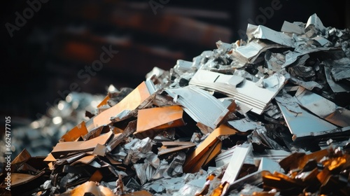 Huge piles of different metallic scraps in a yard, destined for recycling into new products, illustrating material reincarnation. photo