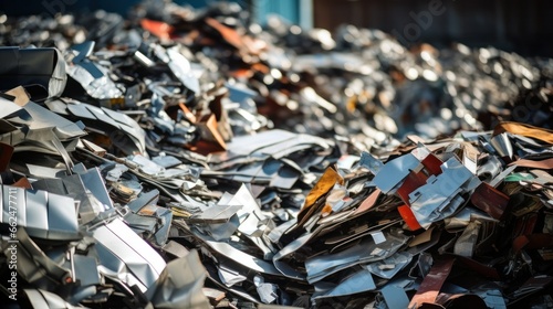 Huge piles of different metallic scraps in a yard, destined for recycling into new products, illustrating material reincarnation.