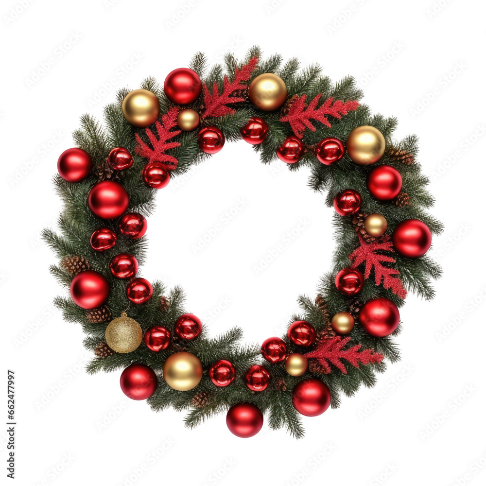 Christmas frame wreath with fir tree and Christmas ball isolated on transparent background.