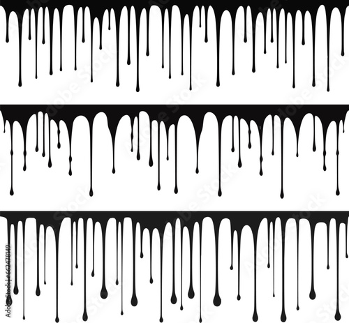 Drippings silhouette. Black paint seamless border liquid drips graphics, painted melting leaks isolated vector illustration