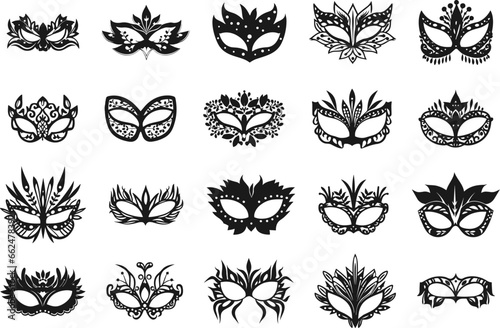 Masquerade mask silhouettes. Gothic italy venice elegant paper festival mask set black on white vector isolated icons