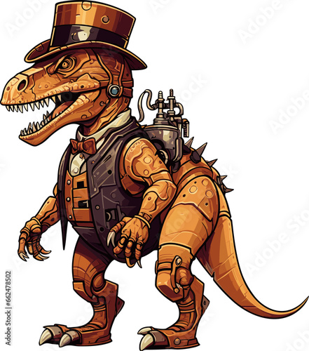 Old mechanical t-rex. Retro dinosaur in cartoon style, vintage dinosaurus gentleman in top hat and bow tie
