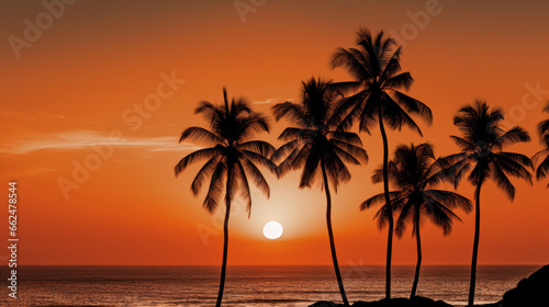 The sun is setting over the ocean with palm trees