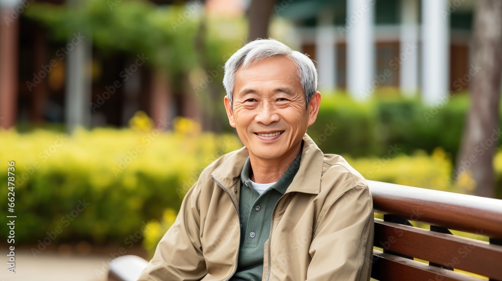 Fototapeta premium Senior Asian man sitting on a bench outside