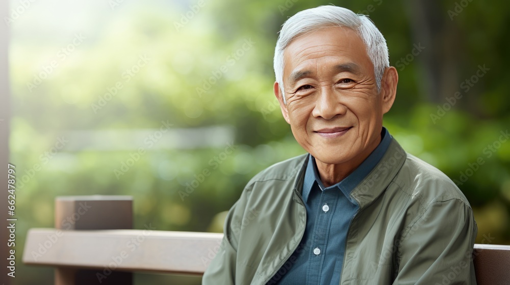 Senior Asian man sitting on a bench outside Senior Asian man sitting on a bench outside