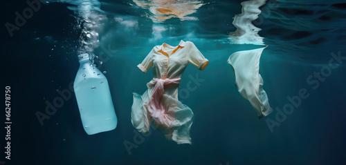 cleaning clothes washing machine or detergent bottle commercial advertisement style with floating shirt and dress underwater with bubbles and wet splashes laundry work as banner design with copy space