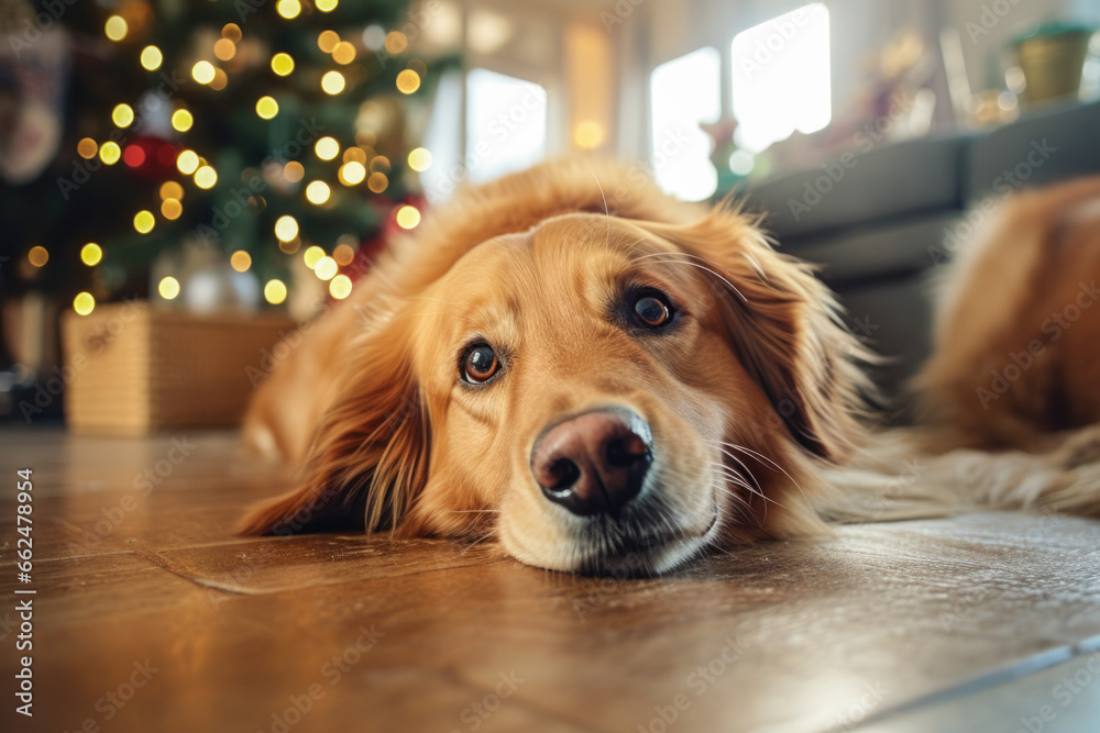 Funny pet dog lying down on home and looking a the  camera at  Christmas