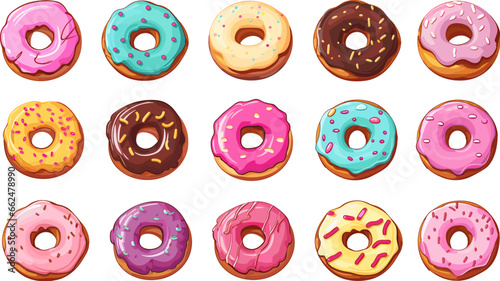 Delicious donuts cartoon set. Isolated donut with glaze, bakery collection. Fresh tasty food, breakfast or snack. Vector game icons clipart