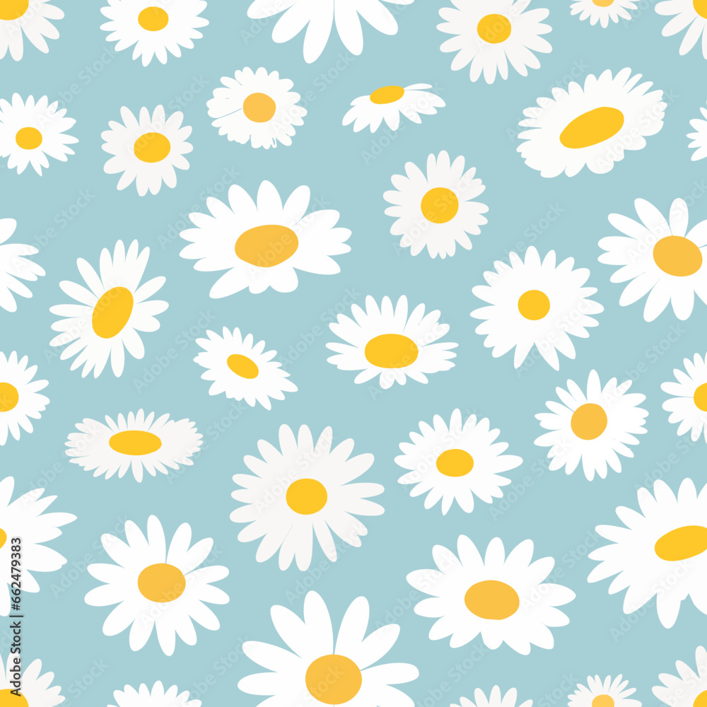 White daisy seamless pattern. Chamomile season fabric print. Decorative flower template, floral nature bouquet vector background