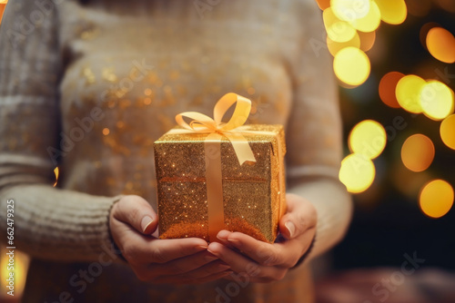 Golden gift in feminine hands on a Christmas background