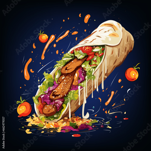 Traditional watercolor shawarma. Wrap or roll with meat, green, sauce and vegetables. Flying ketchup and mayonnaise drops and tomatoes, vector food art
