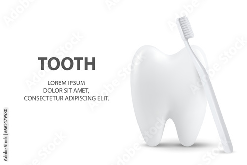 Vector 3d Realistic Tooth and Toothbrush Closeup Isolated on White Background. Medical Dentist Banner. Design Template, Clipart, Mockup. Dentistry, Healthcare, Hygiene Concept
