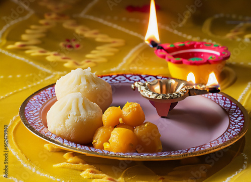 Diwali lamp and sweets
