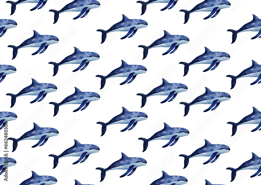 Watercolor seamless pattern whales for baby textile, wallpaper, nursery decoration