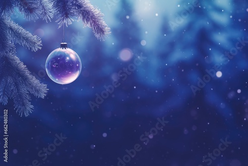 Christmas glass purple ball hanging on fir tree. Christmas tree toy on blurred dark blue snowy background. New year decoration  festive atmosphere concept. Banner or greeting card with copy space