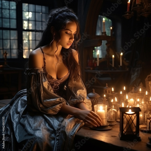 Tavern girl, girl waitress serving staff in medieval times, authentic setting design architecture, middle ages culture, portrait dim lights, bar, candles.