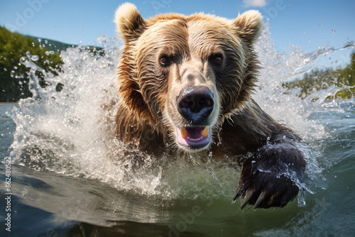 Bear swimming under water, fishing, The Kamchatka brown bear, Ursus arctos beringianus catches salmons at Kuril Lake in Kamchatka, running in the water, action picture photo