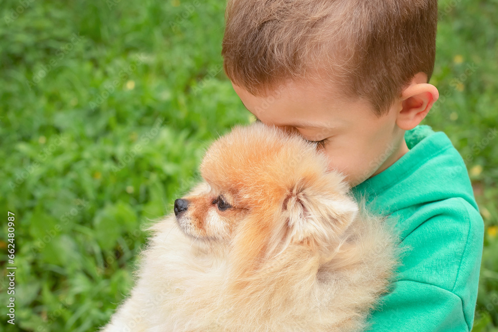 A close-up portrait of a boy against a green background who is tenderly hugging a Spitz puppy on the street. birthday gift. taking care of pets. happy children
