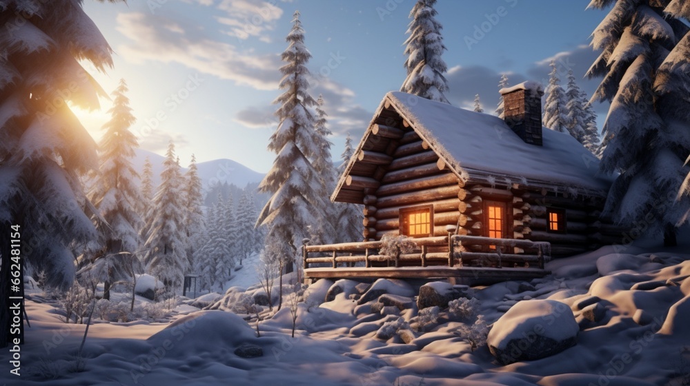 A cozy log cabin nestled in a snow-covered pine forest, with smoke gently rising from the chimney against a clear winter sky.