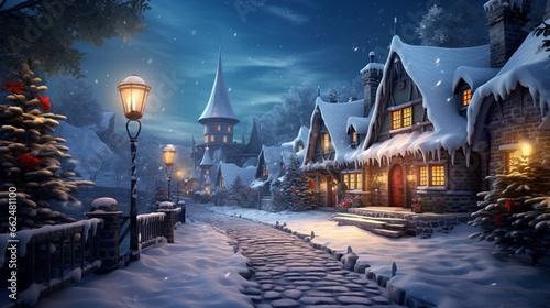 A charming village covered in a blanket of snow, with quaint cottages and a winding path leading through the winter wonderland.