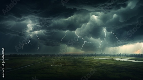 A dramatic thunderstorm over a vast prairie, with lightning illuminating the dark clouds and rain pouring down on the grassy landscape.