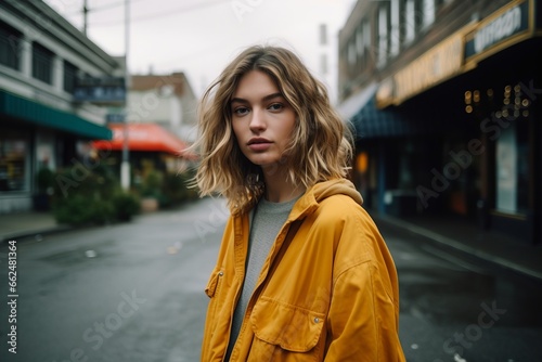 Beautiful young woman with long blond hair in a yellow raincoat walks in the city. © Iigo