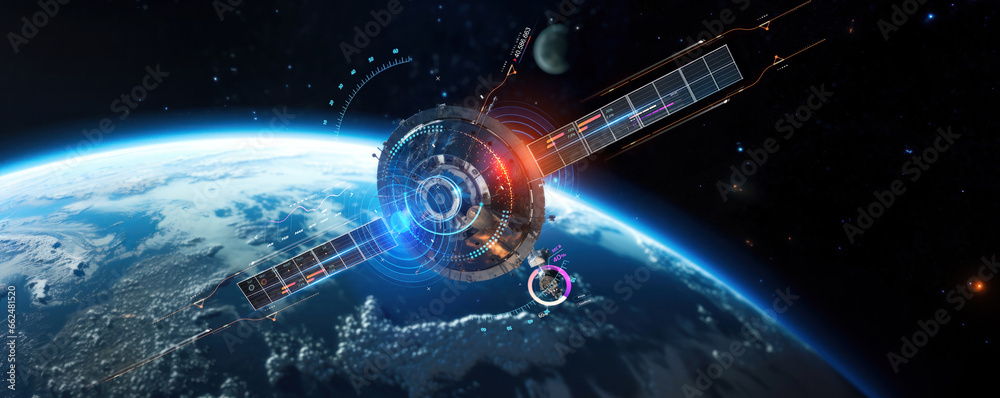telecom communication satellite orbiting around the globe earth with futuristic technology datum hologram information for online and internet connection and gps space orbit services banner - obrazy, fototapety, plakaty 