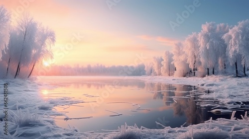 A frozen lake at sunrise, with the soft morning light reflecting off the ice and creating a tranquil winter scene.