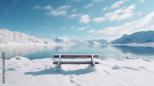 A frozen lake surrounded by snow-covered hills  with ice skates resting against a wooden bench on the icy shore.