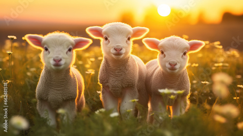 cute little lambs with sheep on fresh green meadow during sunrise Newborn lambs in flower field, cute summer landscape