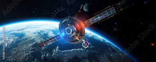 telecom communication satellite orbiting around the globe earth with futuristic technology datum hologram information for online and internet connection and gps space orbit services banner