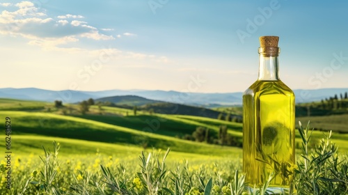 glass bottle with edible oil overlooking nature. oil for cooking. healthy oil.