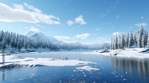A frozen lake surrounded by snow-covered hills and evergreen trees, with a clear winter sky overhead. © Nasreen