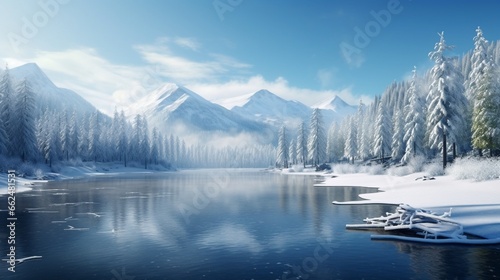A frozen lake surrounded by snow-covered hills and evergreen trees, with a clear winter sky overhead.