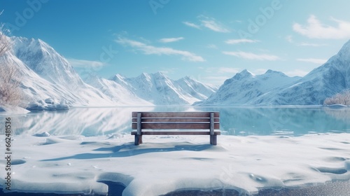 A frozen lake surrounded by snow-covered hills, with ice skates resting against a wooden bench on the icy shore.