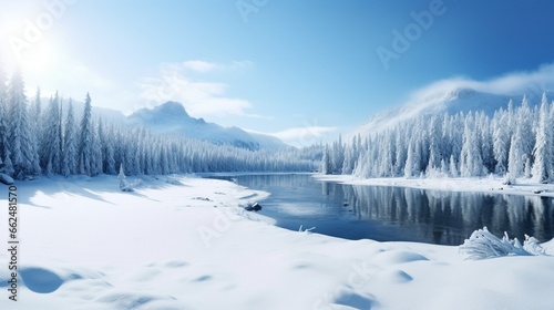 A frozen lake surrounded by snow-covered hills and evergreen trees, with a clear winter sky overhead.