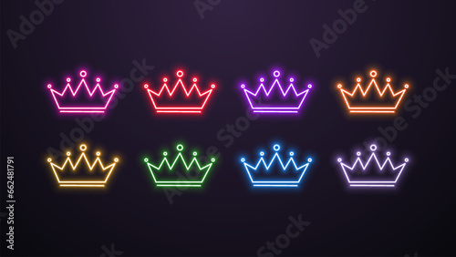 A set of neon crown icons for casinos in the colors blue, yellow, orange, white, yellow, green, pink and purple on a dark background.