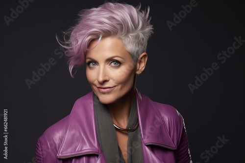 Portrait of a beautiful woman with pink hair on a dark background