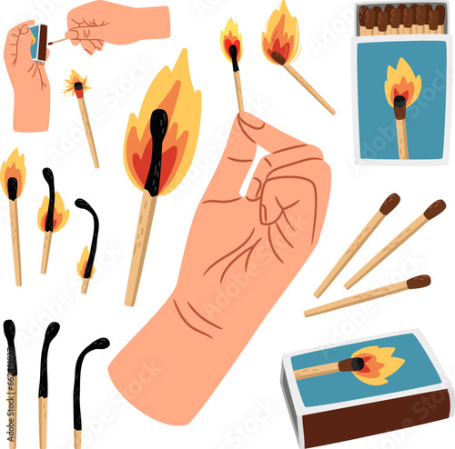 Fire safety, lighting concept. Hands holding a box of matches.Vector illustration of man's hand lights a match using matchbox. Set of burning match. Sequence steps of combustion