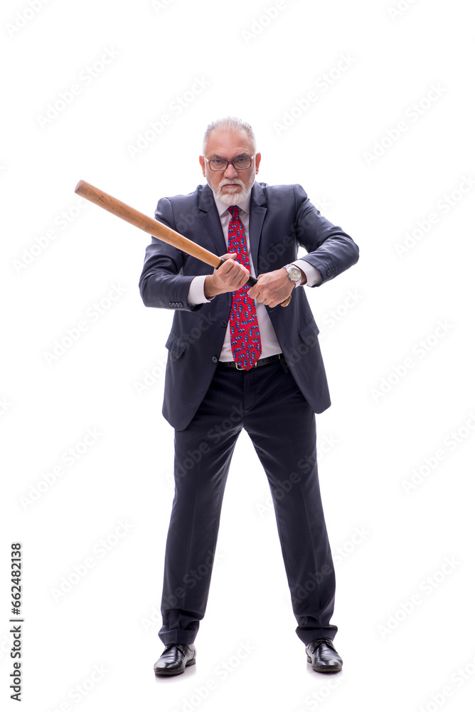 Old businessman holding baseball bat isolated on white Old businessman holding baseball bat isolated on white