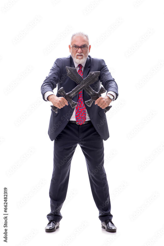 Old businessman holding saber isolated on white Old businessman holding saber isolated on white