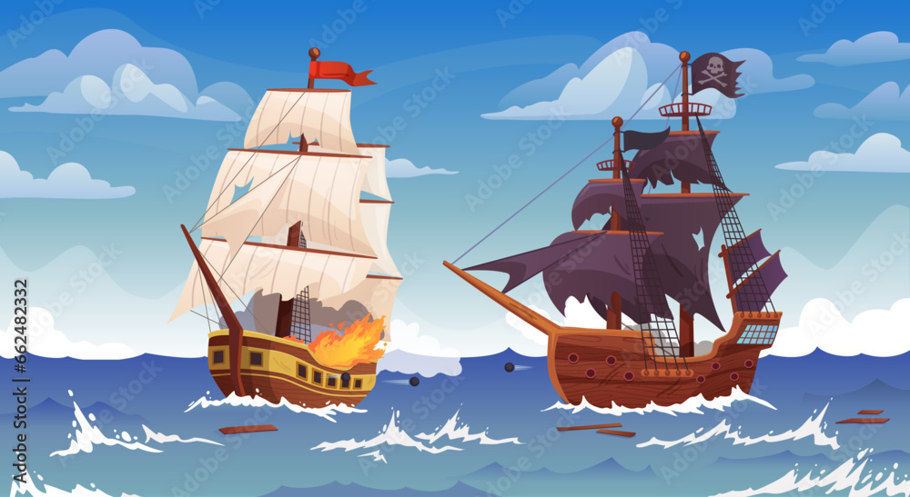 Ships battle. Sea vessels war, old pirate brigantine ship cannon shooting to frigate or galleon cartoon boat shipwreck marine battles - obrazy, fototapety, plakaty 