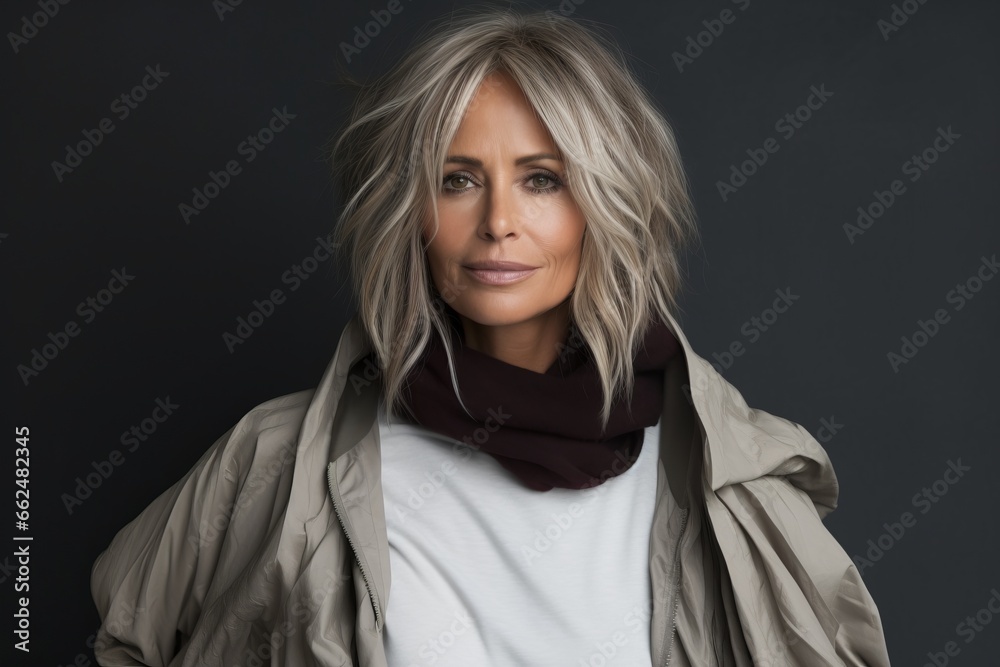 Portrait of a beautiful middle aged woman wearing a coat and scarf. Portrait of a beautiful middle aged woman wearing a coat and scarf.