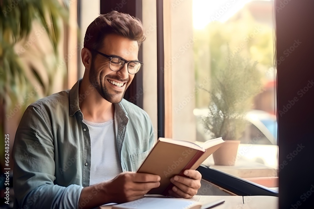 man reading book in cafe, sitting near window, copyspace man reading book in cafe, sitting near window, copyspace
