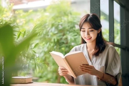 Asian woman reading book in cafe, sitting near window, copy space