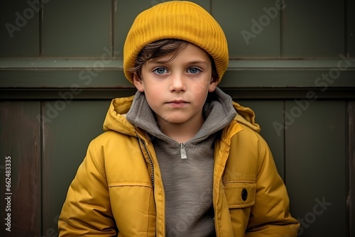 Portrait of a little boy in a yellow jacket and a yellow hat