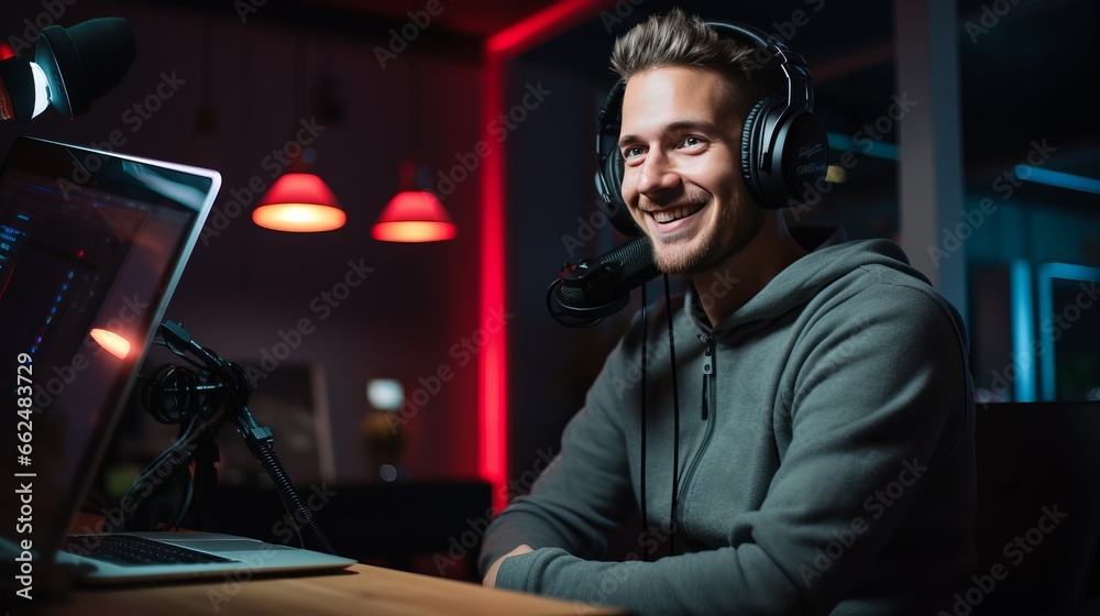 A man working with headphones and laptop computer A man working with headphones and laptop computer